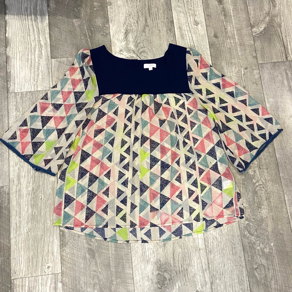 UMGEE Woman's  3/4 Sleeve Blouse Blue Multi color Sheer Top  Size Large